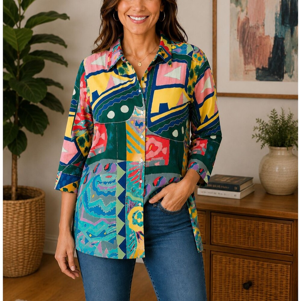 Lauren Ralph Lauren Women's Colorful Abstract Art Print Cotton Button-Up Shirt L